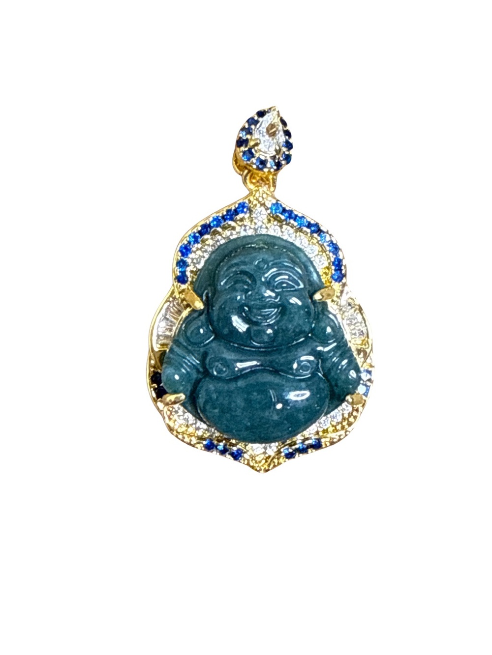 Gold-Plated Blue Jade Buddha Pendant with Blue and White Accents